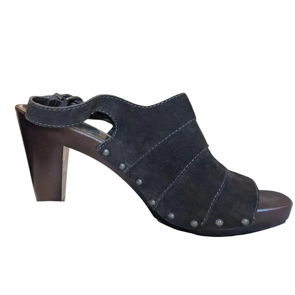 A.N.A. Brown Suede Open Toe Sling Back Chunky Heel Gunmetal Stud Sandal Sz 8.5